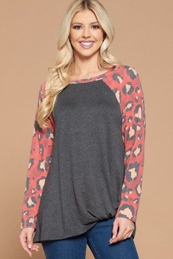 Casual French Terry Side Twist Top With Animal Print Long Sleeves - Deals Kiosk