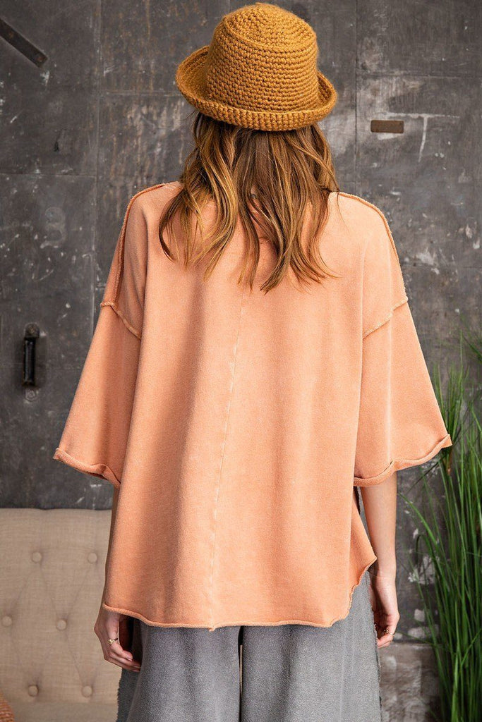 3/4 Slvs Mineral Washed Terry Knit Boxy Top - Deals Kiosk