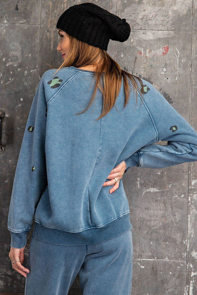 Long Sleeve Leopard Print Washed Terry Sweatshirt - Deals Kiosk