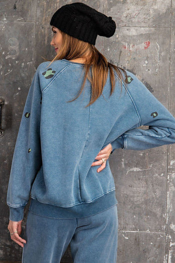 Long Sleeve Leopard Print Washed Terry Sweatshirt - Deals Kiosk