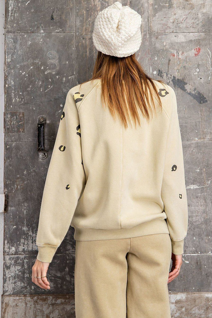Long Sleeve Leopard Print Washed Terry Sweatshirt - Deals Kiosk