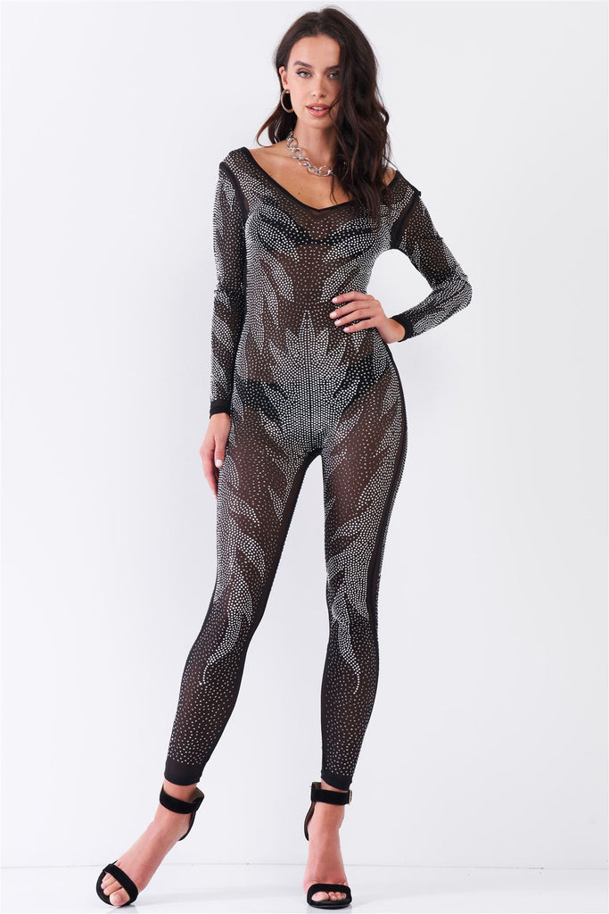 Black Rhinestone Embroidery Sheer Mesh Long Sleeve Bodycon Jumpsuit - Deals Kiosk