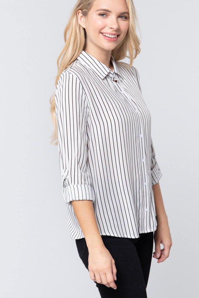 3/4 Roll Up Slv Stripe Print Shirt - Deals Kiosk