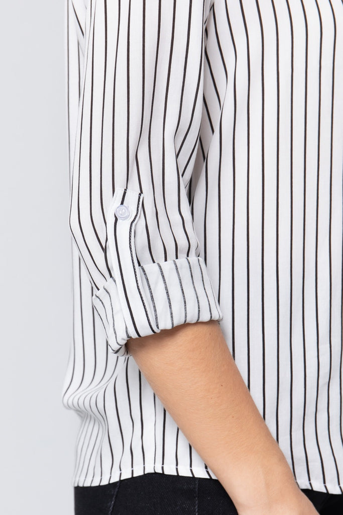 3/4 Roll Up Slv Stripe Print Shirt - Deals Kiosk