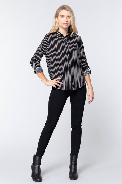 3/4 Roll Up Slv Stripe Print Shirt - Deals Kiosk