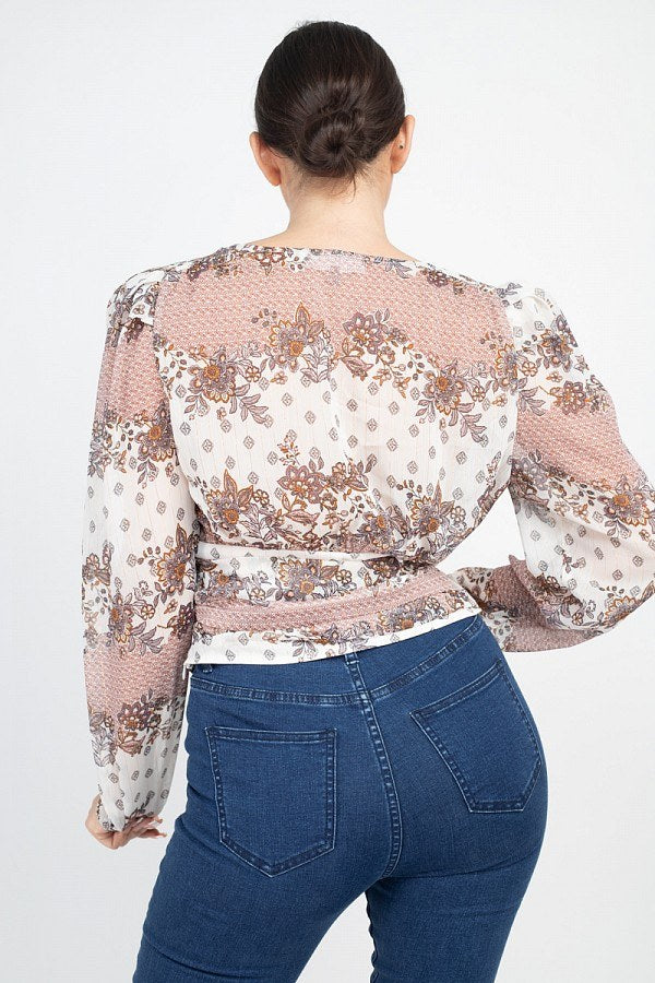 Floral V-neck Ruched Top - Deals Kiosk