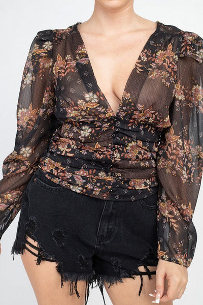Floral V-neck Ruched Top - Deals Kiosk