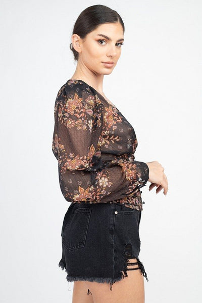 Floral V-neck Ruched Top - Deals Kiosk