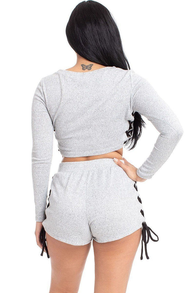 Color Contrast Lace Up Side Shorts Set - Deals Kiosk