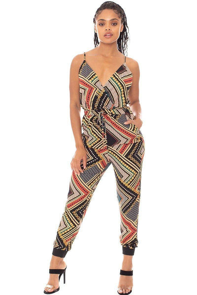 Boarder Print Wrap Drawstring Waist Jumpsuit - Deals Kiosk