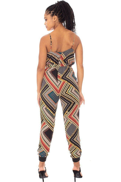 Boarder Print Wrap Drawstring Waist Jumpsuit - Deals Kiosk