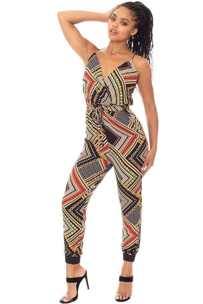 Boarder Print Wrap Drawstring Waist Jumpsuit - Deals Kiosk