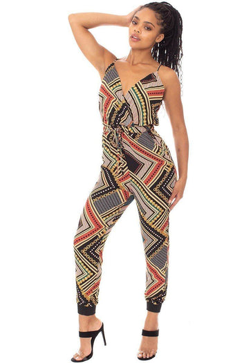 Boarder Print Wrap Drawstring Waist Jumpsuit - Deals Kiosk