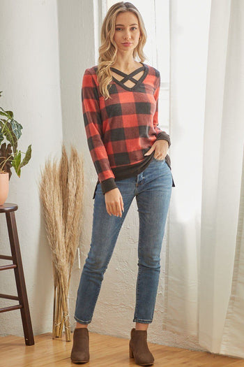 Plaid V Neck Long-sleeved Top - Deals Kiosk