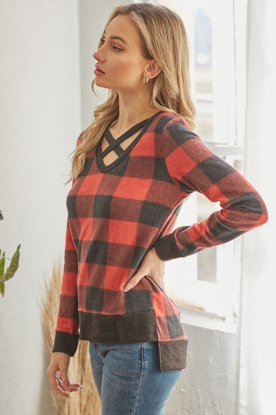 Plaid V Neck Long-sleeved Top - Deals Kiosk