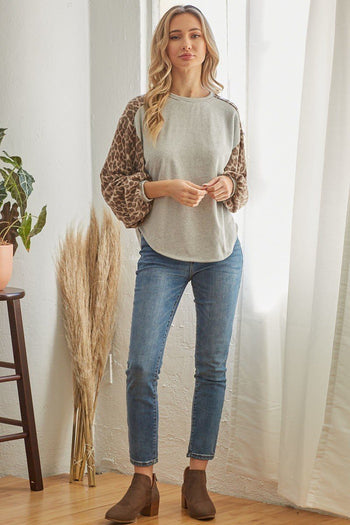 Leopard Solid Long Sleeve Top - Deals Kiosk