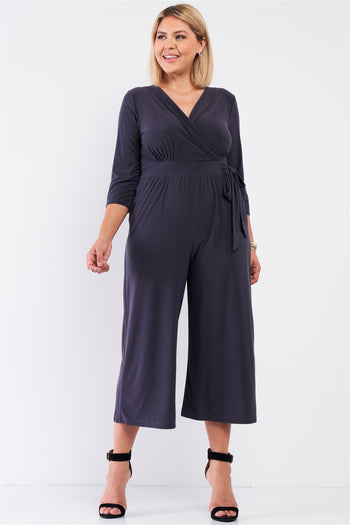Plus Dark Grey Plunging V-neck Midi Sleeve Self-tie Waist Detail Wide Leg Midi Jumpsuit - Deals Kiosk