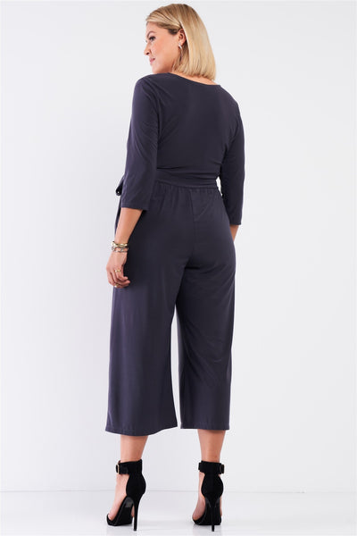 Plus Dark Grey Plunging V-neck Midi Sleeve Self-tie Waist Detail Wide Leg Midi Jumpsuit - Deals Kiosk