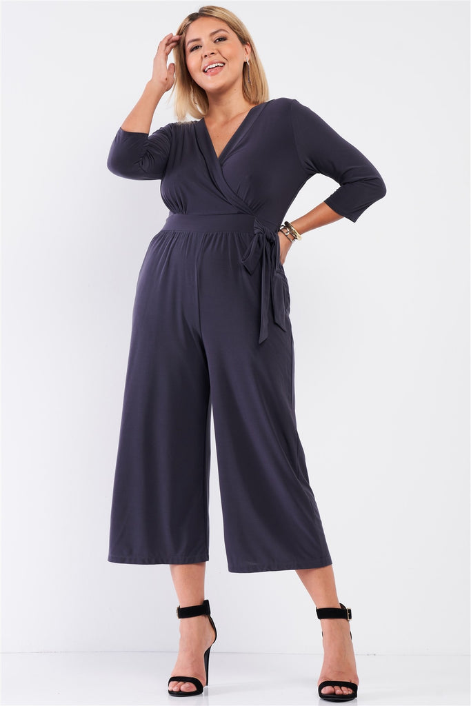 Plus Dark Grey Plunging V-neck Midi Sleeve Self-tie Waist Detail Wide Leg Midi Jumpsuit - Deals Kiosk