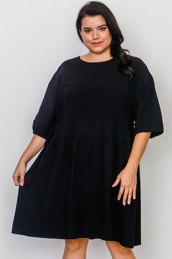 Plus Size Black Tie Sleeve Loose Midi Dress - Deals Kiosk