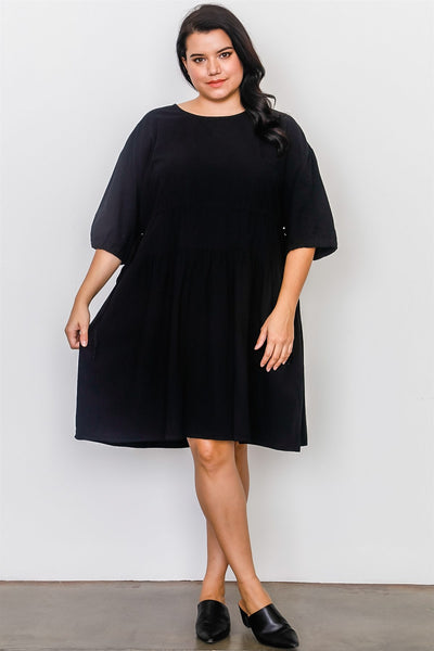 Plus Size Black Tie Sleeve Loose Midi Dress - Deals Kiosk