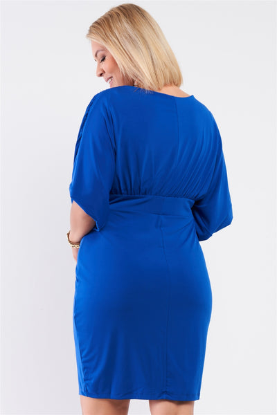 Plus Royal Blue Ruched Short Sleeve V-neck Empire Waist Mini Dress - Deals Kiosk