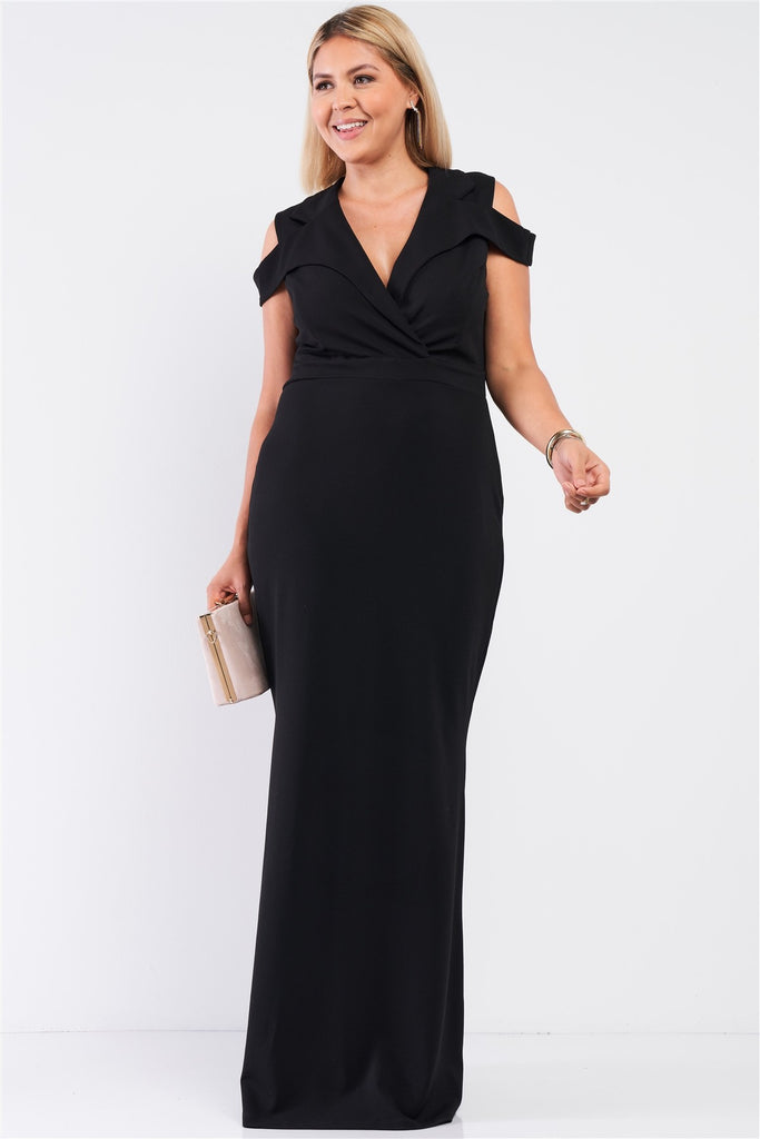 Plus Black Sleeveless Collared Plunging V-neck Maxi Dress - Deals Kiosk