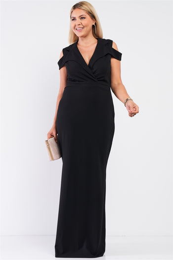 Plus Black Sleeveless Collared Plunging V-neck Maxi Dress - Deals Kiosk