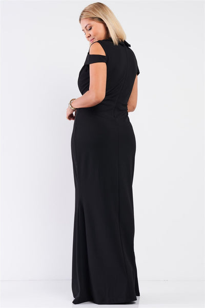 Plus Black Sleeveless Collared Plunging V-neck Maxi Dress - Deals Kiosk