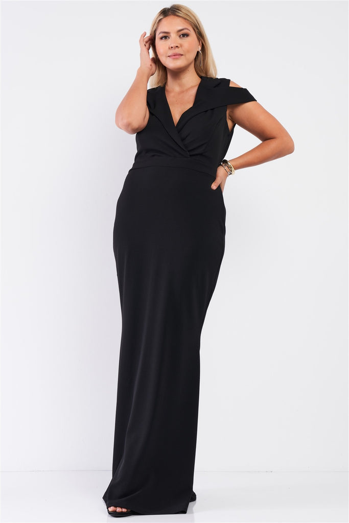 Plus Black Sleeveless Collared Plunging V-neck Maxi Dress - Deals Kiosk