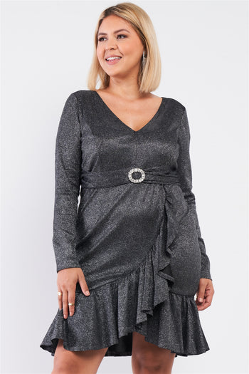 Plus Long Sleeve V-neck Asymmetrical Wrap Flare Hem Belt Detail Oval Rhinestone Buckle Mini Dress - Deals Kiosk