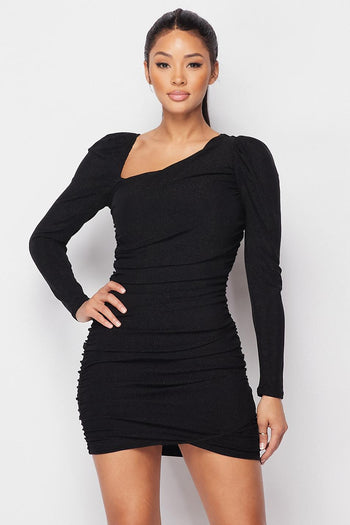 Asymmetrical Neckline Puff Sleeve Mini Dress - Deals Kiosk