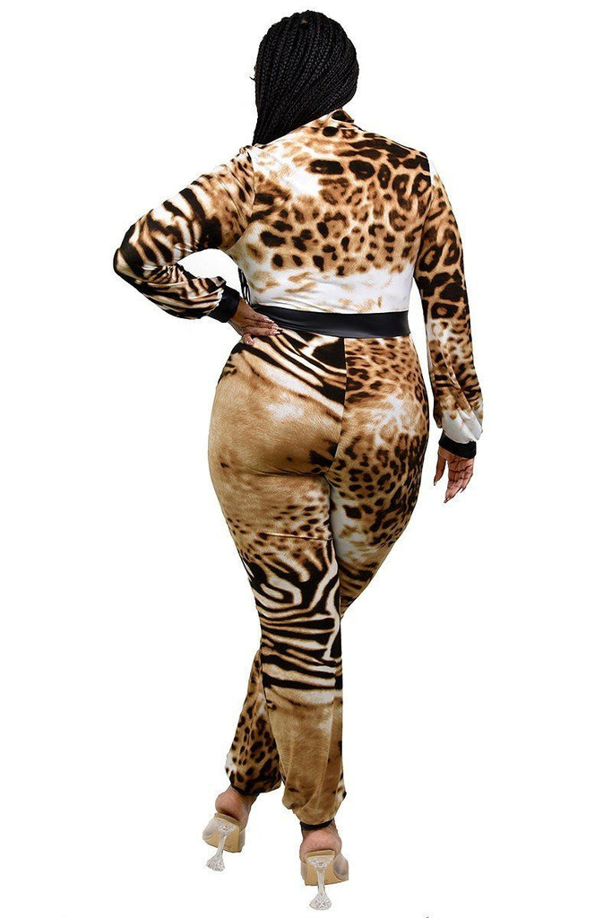 Plus Leopard Print Zipup Jumpsuit - Deals Kiosk