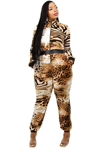 Plus Leopard Print Zipup Jumpsuit - Deals Kiosk