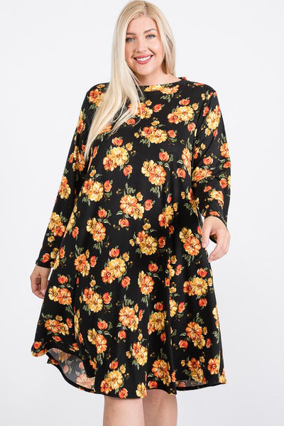 Floral Mock Neck Hidden Pocket Round Hem Midi Dress - Deals Kiosk