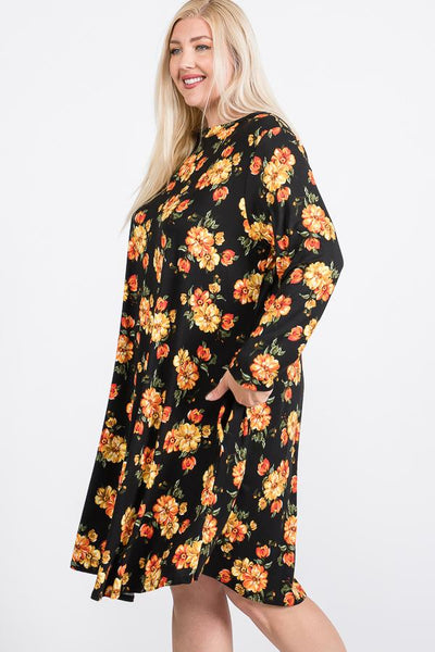 Floral Mock Neck Hidden Pocket Round Hem Midi Dress - Deals Kiosk