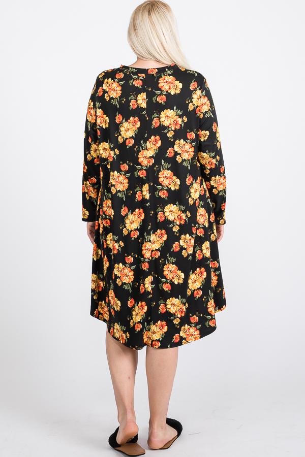 Floral Mock Neck Hidden Pocket Round Hem Midi Dress - Deals Kiosk