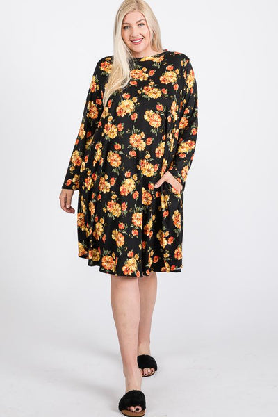 Floral Mock Neck Hidden Pocket Round Hem Midi Dress - Deals Kiosk