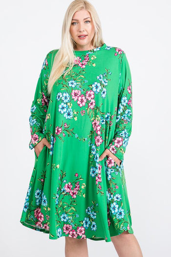 Floral Mock Neck Hidden Pocket Round Hem Midi Dress - Deals Kiosk