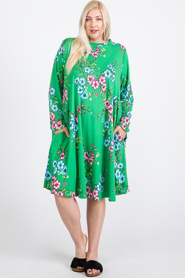 Floral Mock Neck Hidden Pocket Round Hem Midi Dress - Deals Kiosk