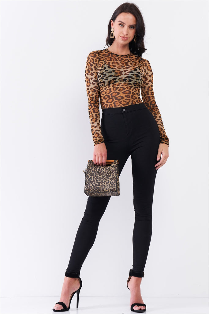 Brown Leopard Print Sheer Mesh Crew Neck Long Sleeve Bodysuit - Deals Kiosk