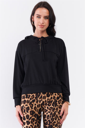 Black Oversize High Neck Zip-up Detail Draw String Tie Hoodie Sweatshirt - Deals Kiosk