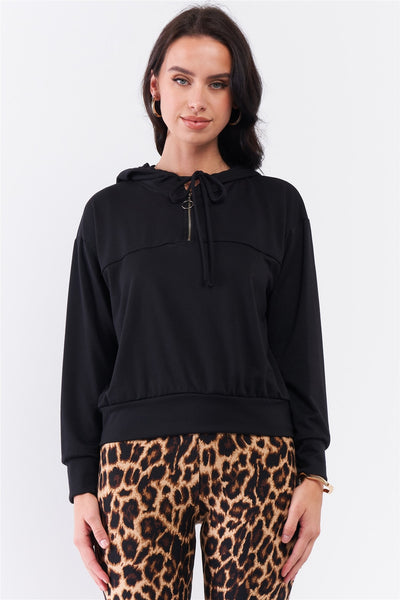 Black Oversize High Neck Zip-up Detail Draw String Tie Hoodie Sweatshirt - Deals Kiosk