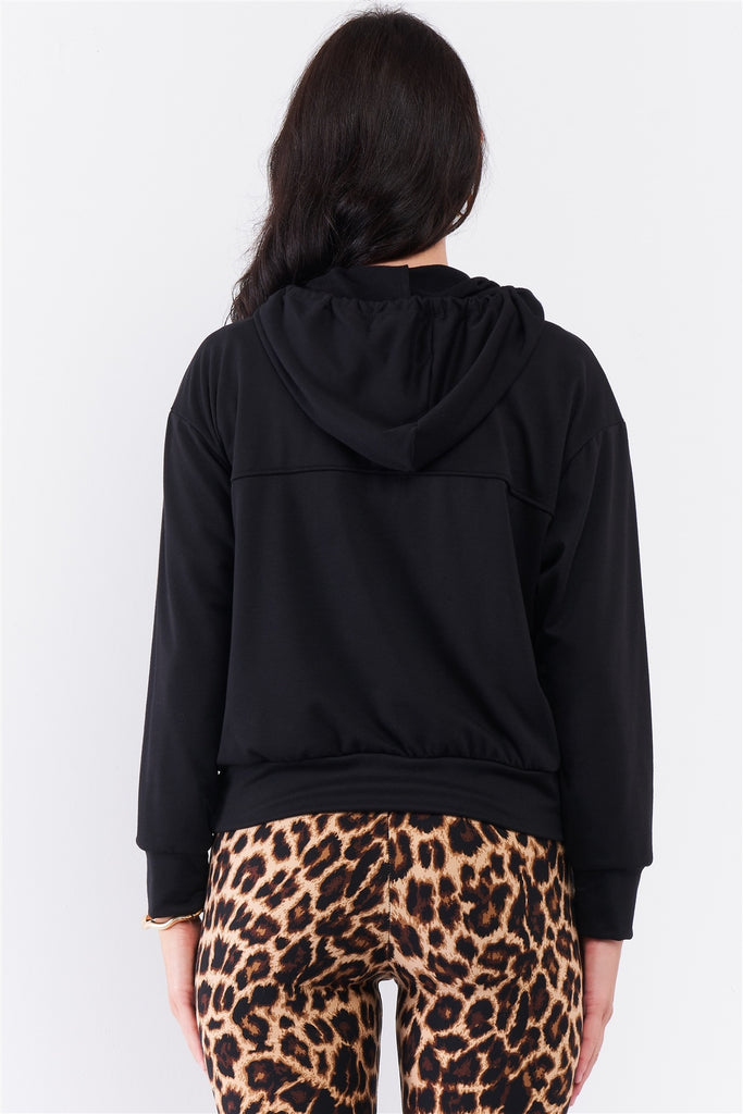 Black Oversize High Neck Zip-up Detail Draw String Tie Hoodie Sweatshirt - Deals Kiosk