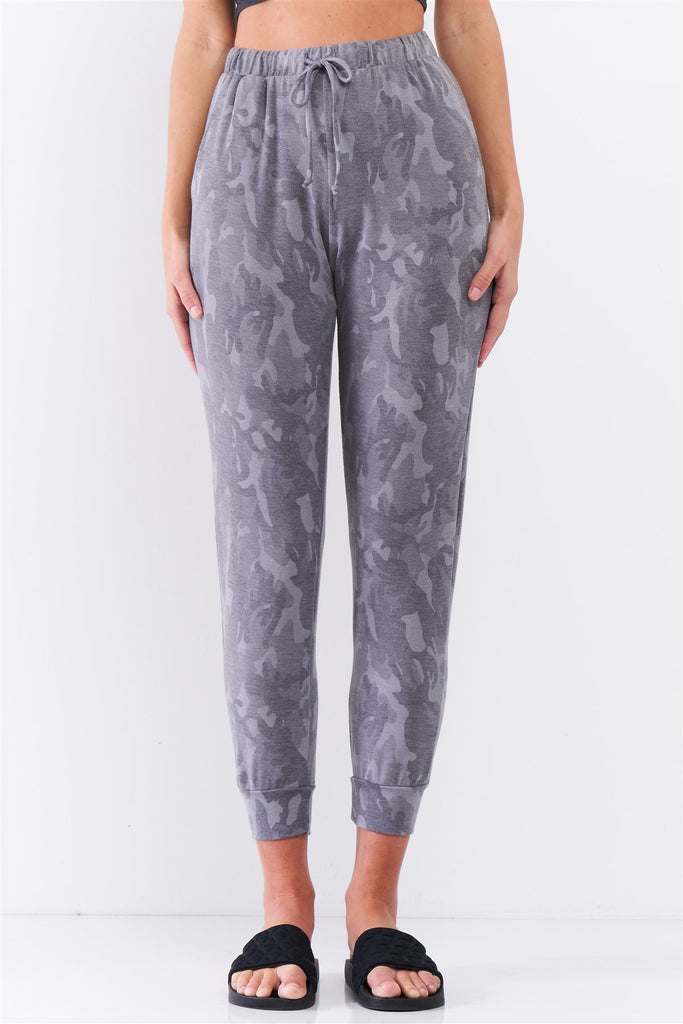 Grey Camo Print Loose Fit High-waisted Elasticated Self-tie Drawstring Waistline Track Pants - Deals Kiosk