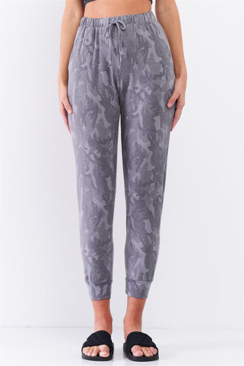 Grey Camo Print Loose Fit High-waisted Elasticated Self-tie Drawstring Waistline Track Pants - Deals Kiosk