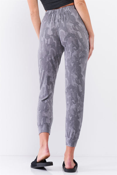 Grey Camo Print Loose Fit High-waisted Elasticated Self-tie Drawstring Waistline Track Pants - Deals Kiosk