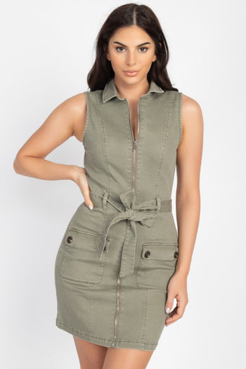 Belted Cargo Pockets Mini Dress - Deals Kiosk