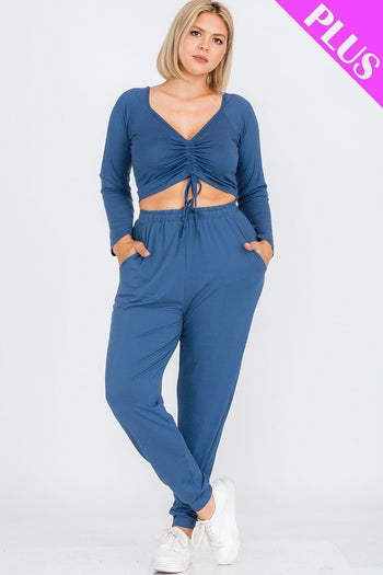 Plus Size Strap Ruched Top And Jogger Pants Set - Deals Kiosk