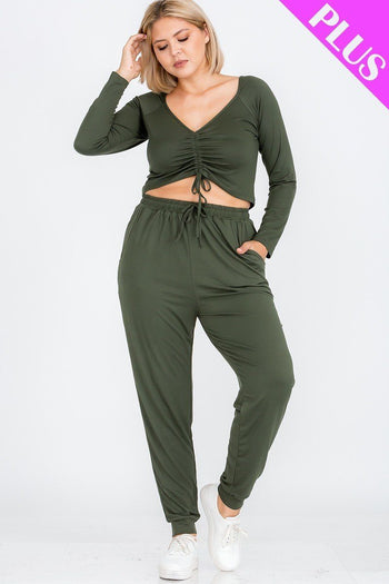 Plus Size Strap Ruched Top And Jogger Pants Set - Deals Kiosk